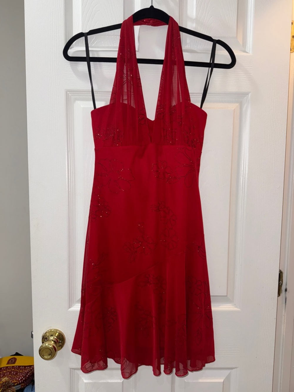 Lipstick Boutique Red One-Shoulder Halter Dress with Floral Sheen